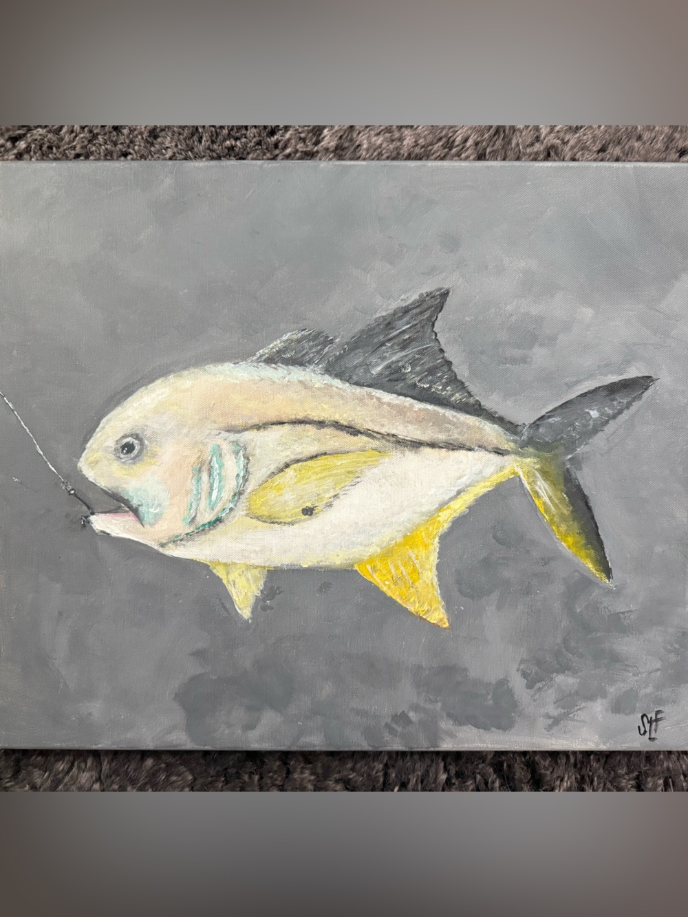 Hand-Painted Yellow & Gray Fish Canvas Artwork for Pets Fish Decor